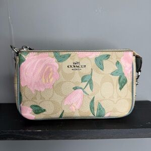 Coach Beige Signature Canvas Wristlet with Pink Floral Print and Green Leaves